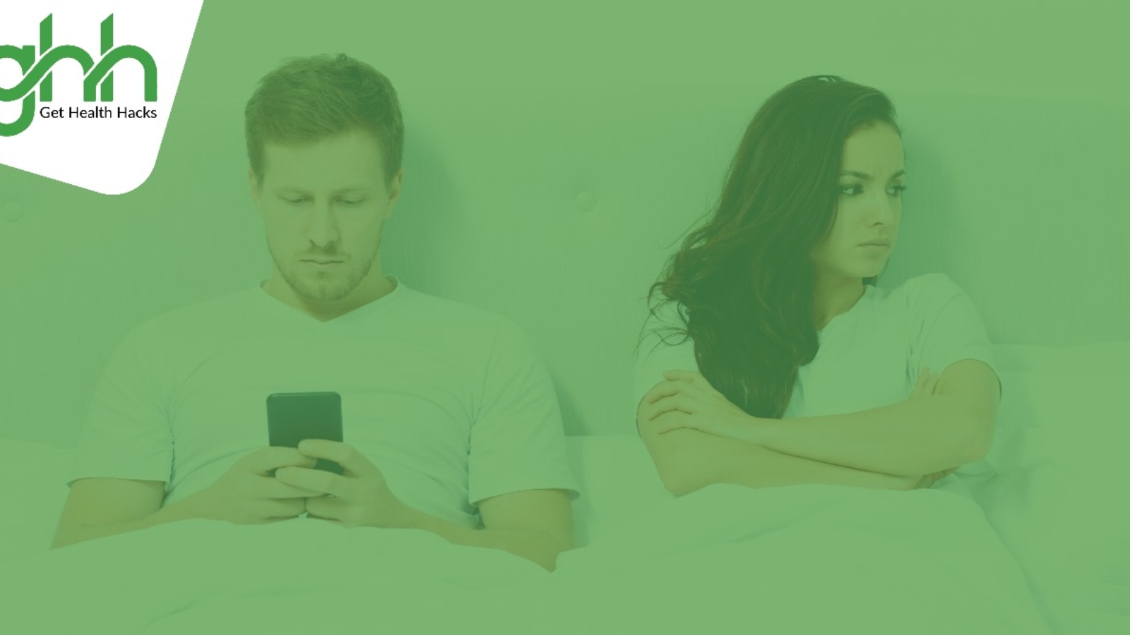 Image shows a common relationship problem that a man is using a mobile phone and a woman lying in the bed turning her face and feeling annoying.