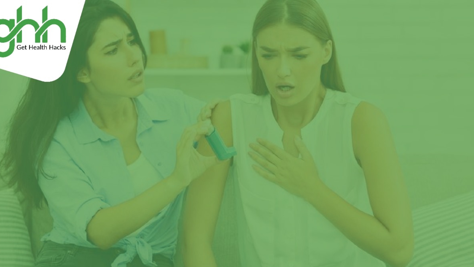 A Women feeling discomfort in the chest and other is providing her an inhaler.